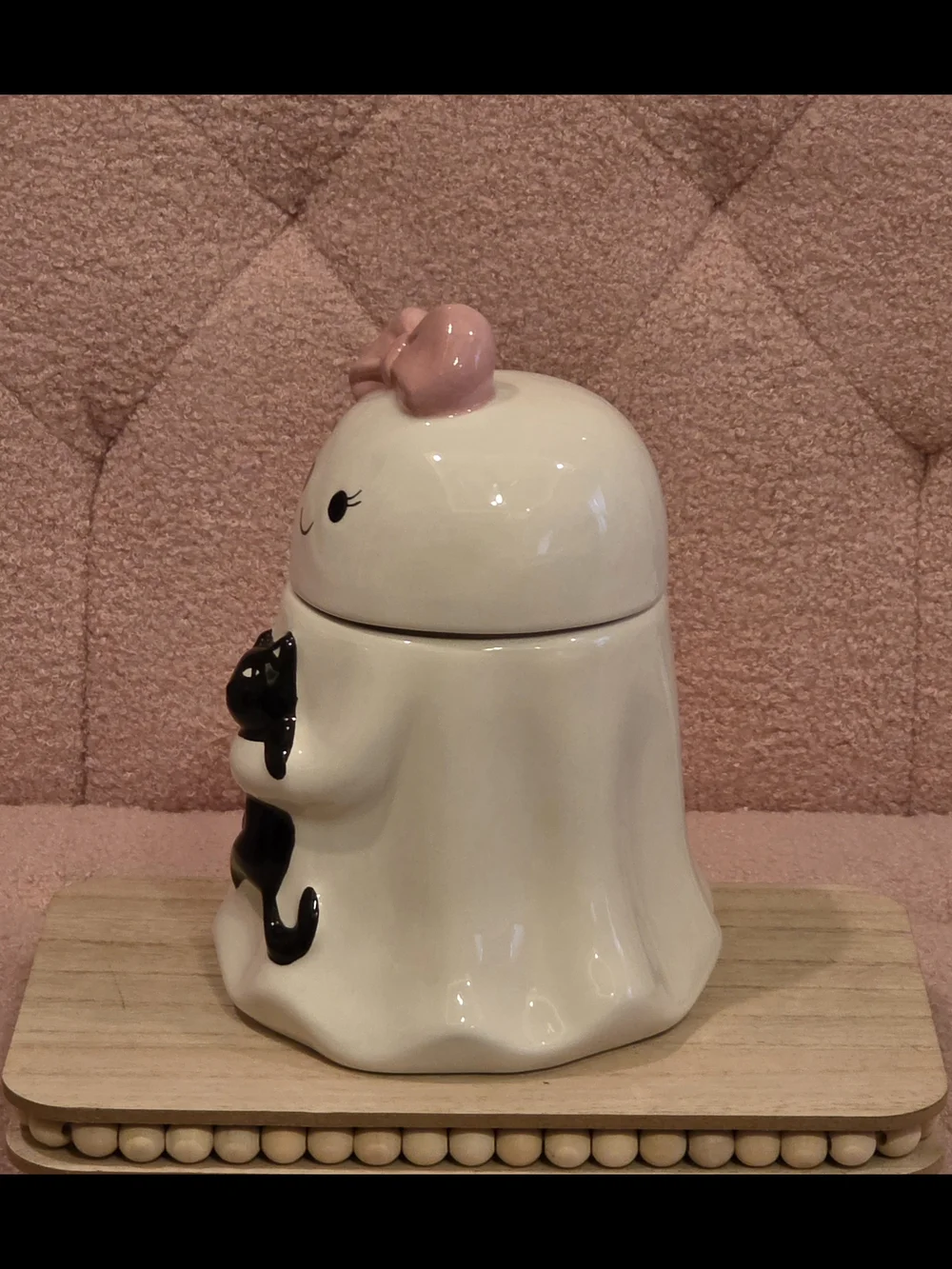 Halloween Coquette Ghost Cookie Jar with Pink Bow Holding A Cat